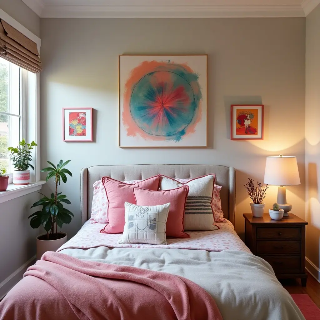 a photo of a teen's artistic bedroom with unique throw pillows as focal points