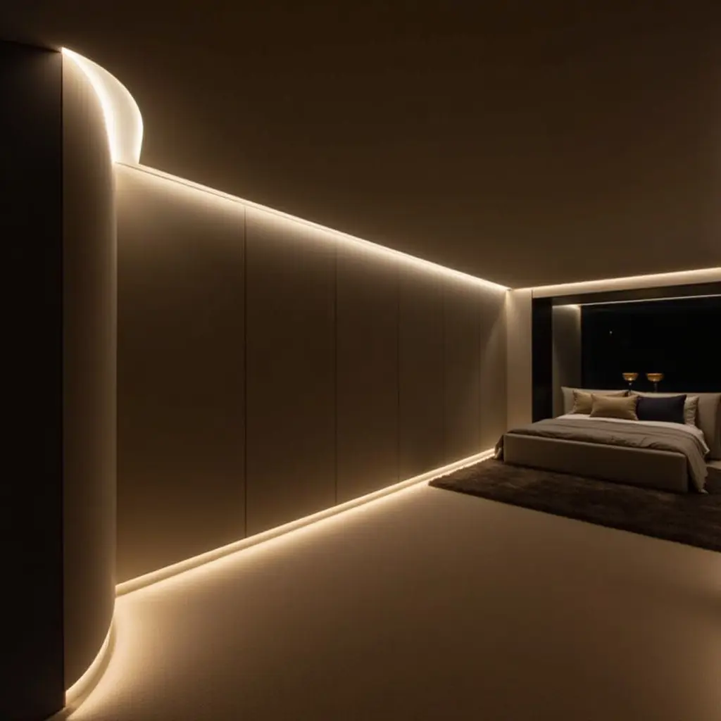 a photo of a modern basement featuring LED strip lights along the walls