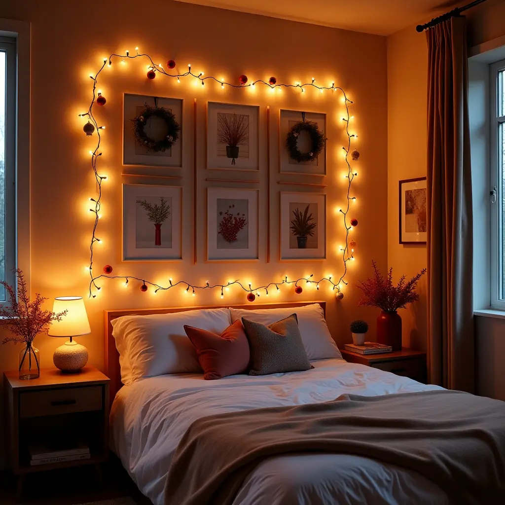 a photo of a holiday-themed gallery wall decorated for Christmas with lights and ornaments in a teen's room
