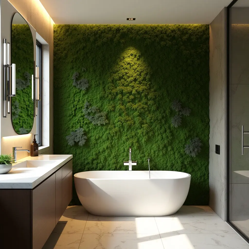 a photo of a modern bathroom with a green wall of moss