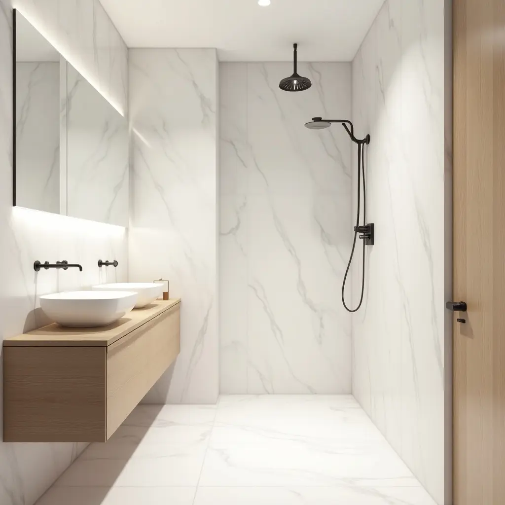 a photo of a bright bathroom with light wood, glossy tiles, and brushed metal details