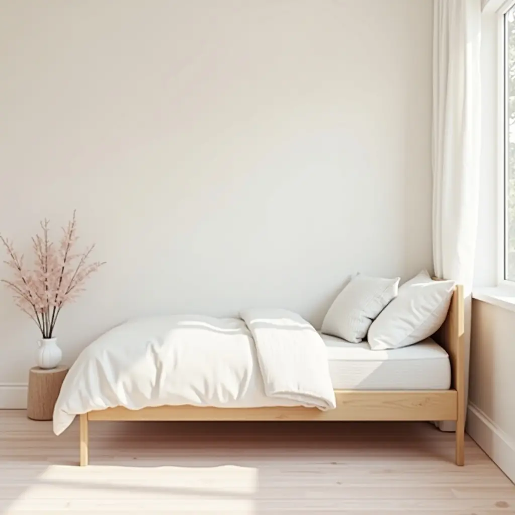 a photo of a minimalist teen bedroom with a single bed and soft pastel colors