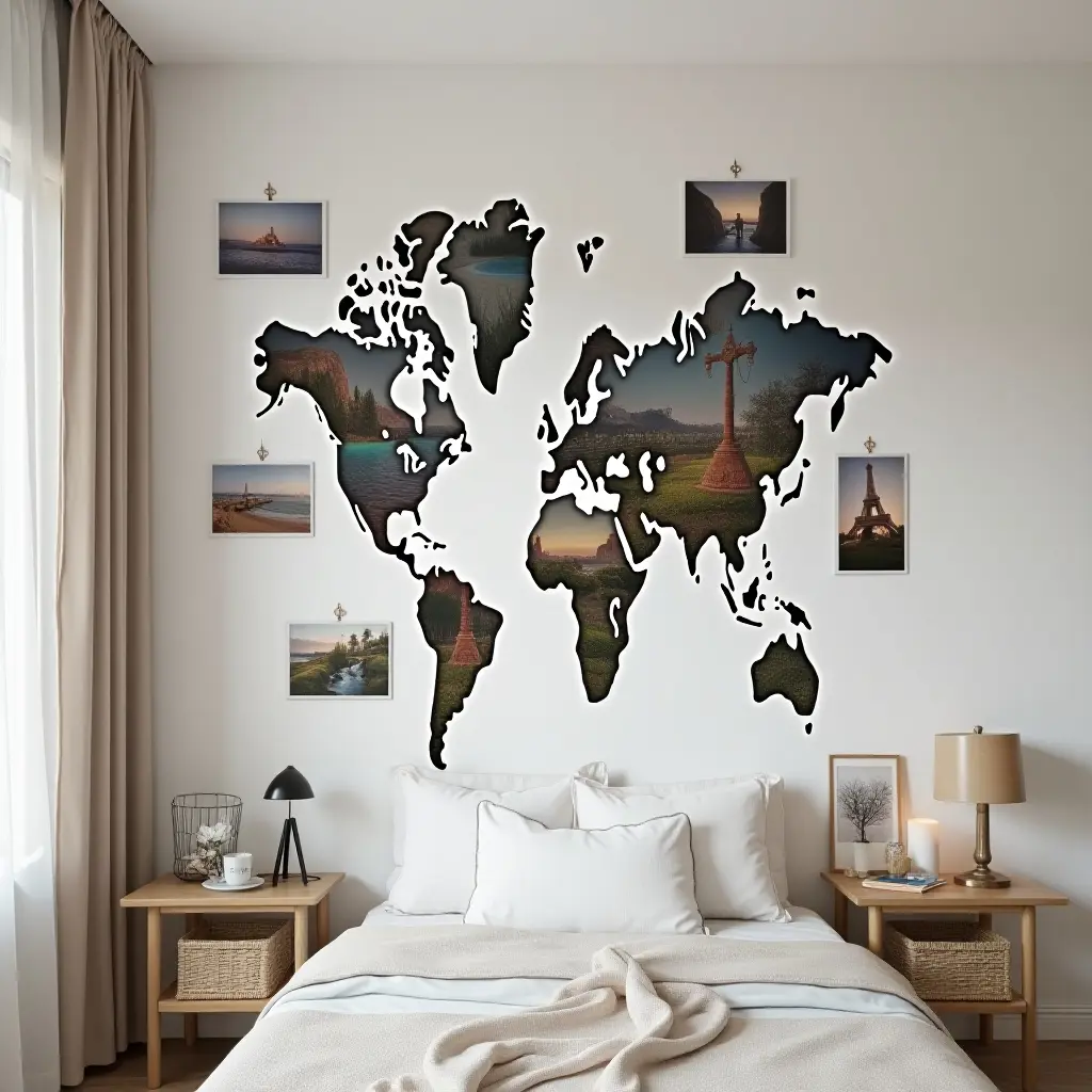 a photo of a travel photo gallery wall with snapshots from around the world in a teen's bedroom