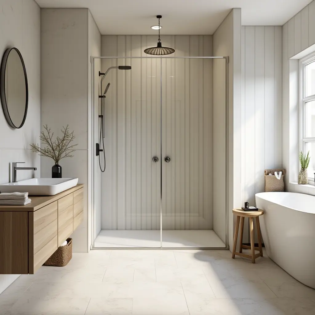 a photo of a refreshing Scandinavian bathroom with a walk-in shower and natural materials
