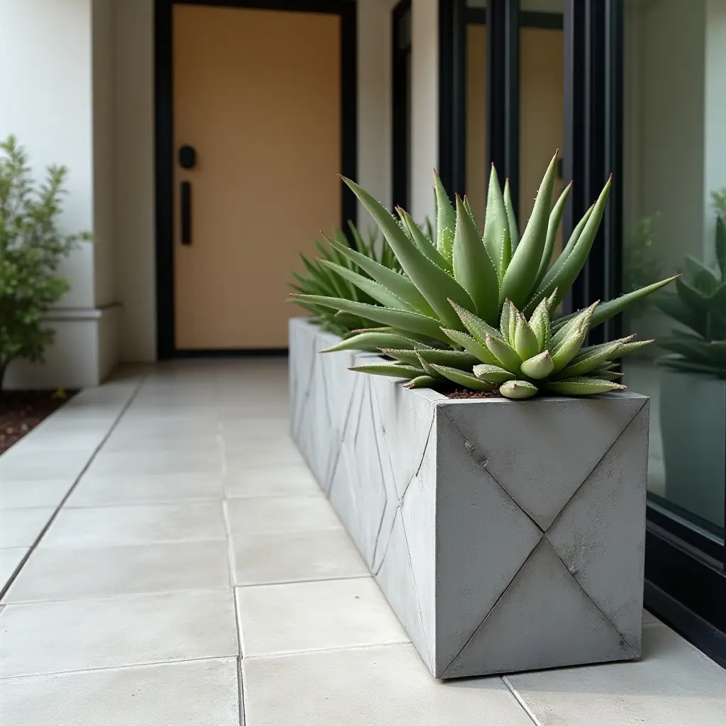 a photo of a sleek entryway with a geometric planter holding succulents