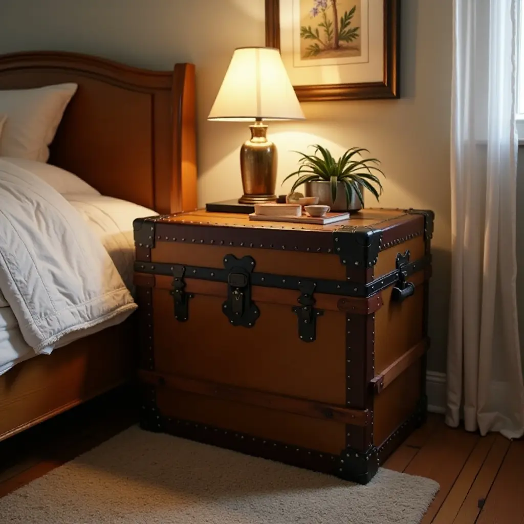 a photo of a vintage trunk used as a bedside table