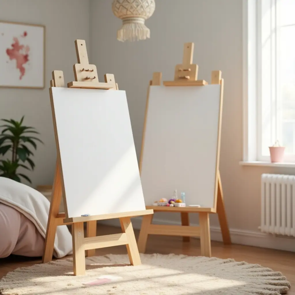 a photo of a wooden art easel in a creative teen's bedroom