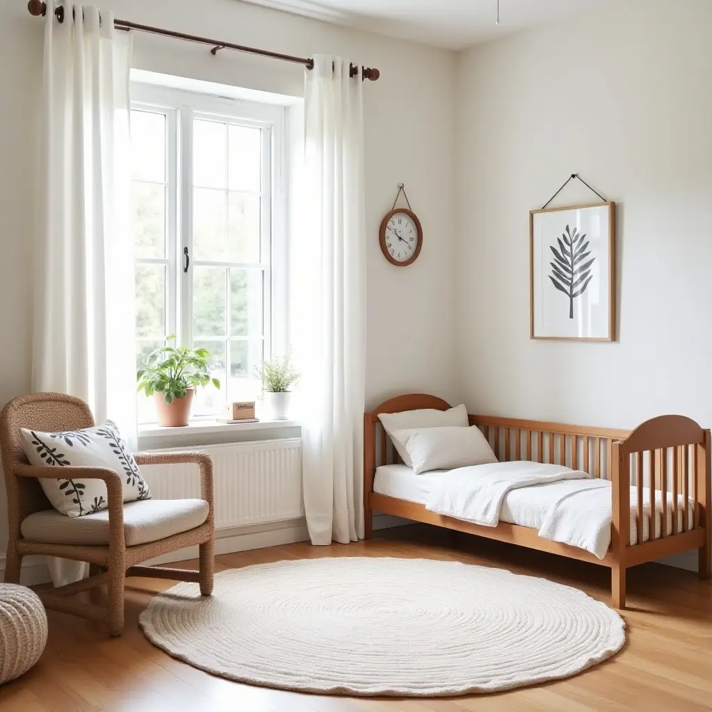 a photo of a bright kids' room with a cozy farmhouse-style rug and decor