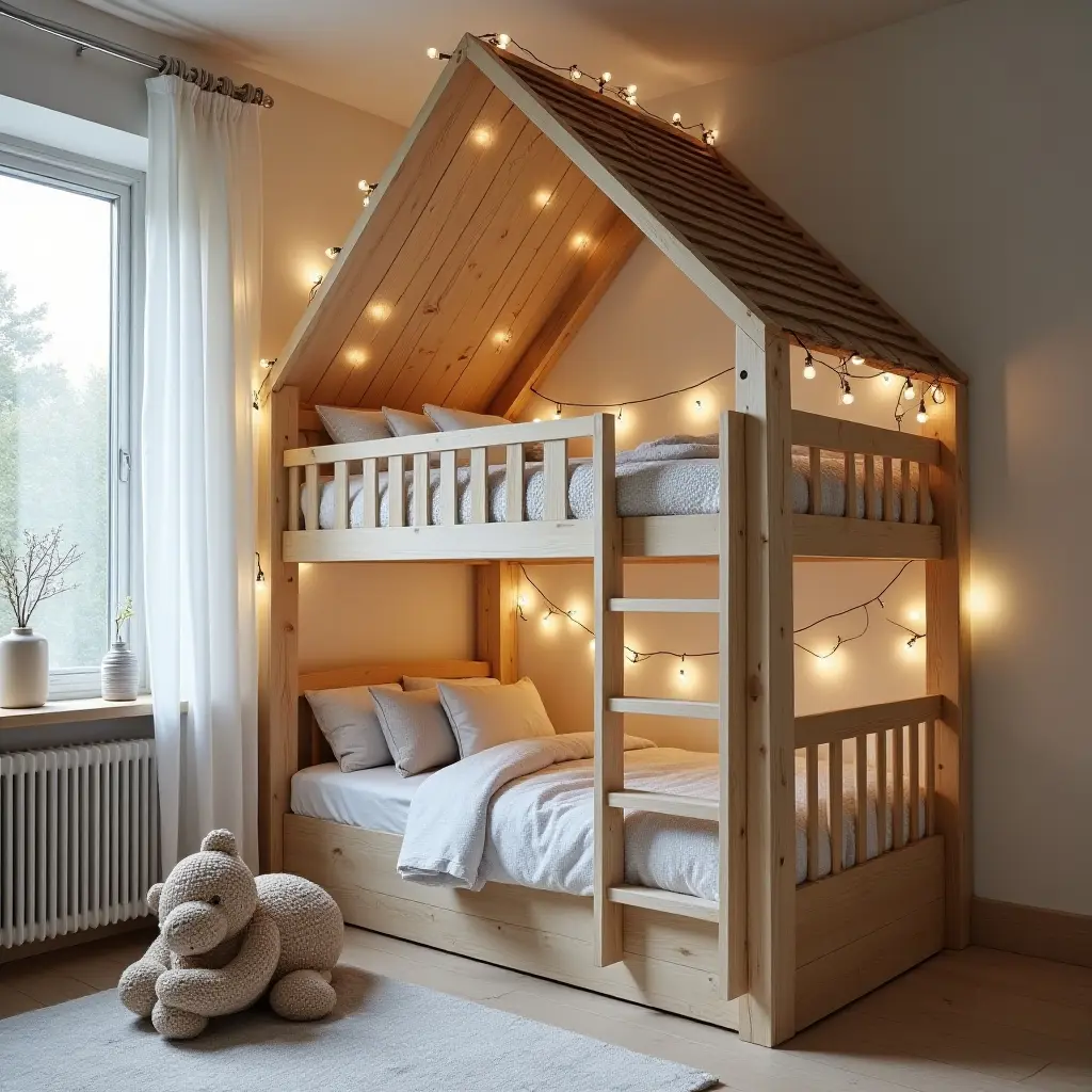 a photo of a whimsical Scandinavian kids' room with a treehouse bed and fairy lights