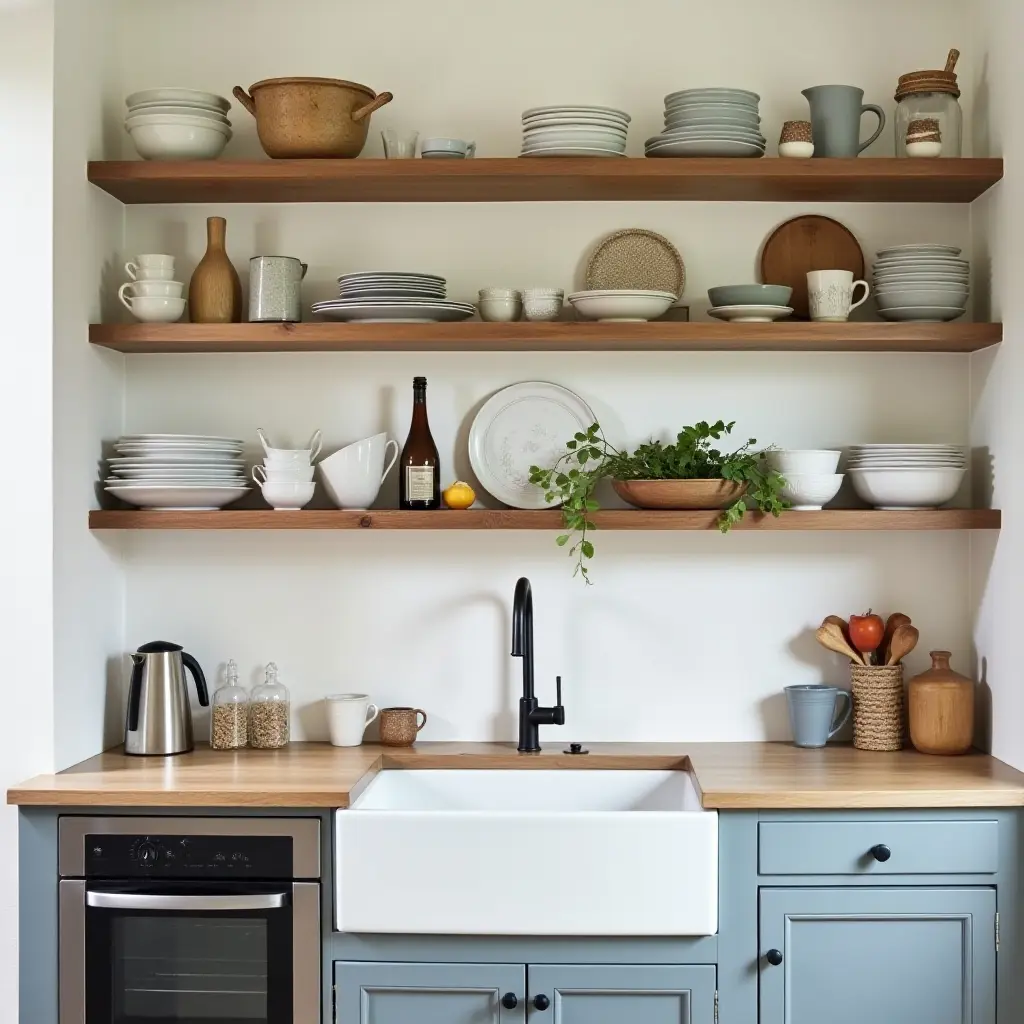 a photo of a small kitchen with reclaimed wood shelves and vintage dishware