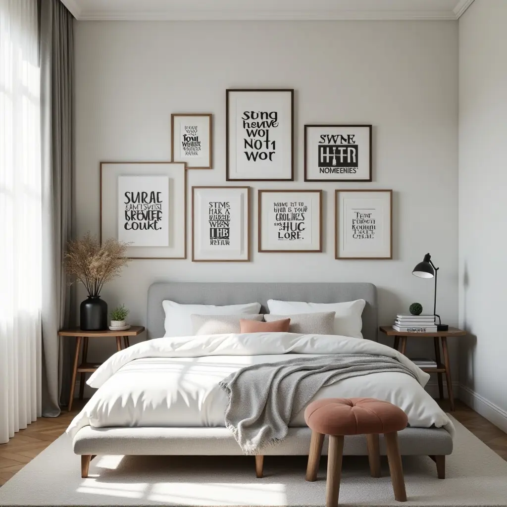 a photo of a contemporary bedroom featuring a gallery wall of motivational quotes