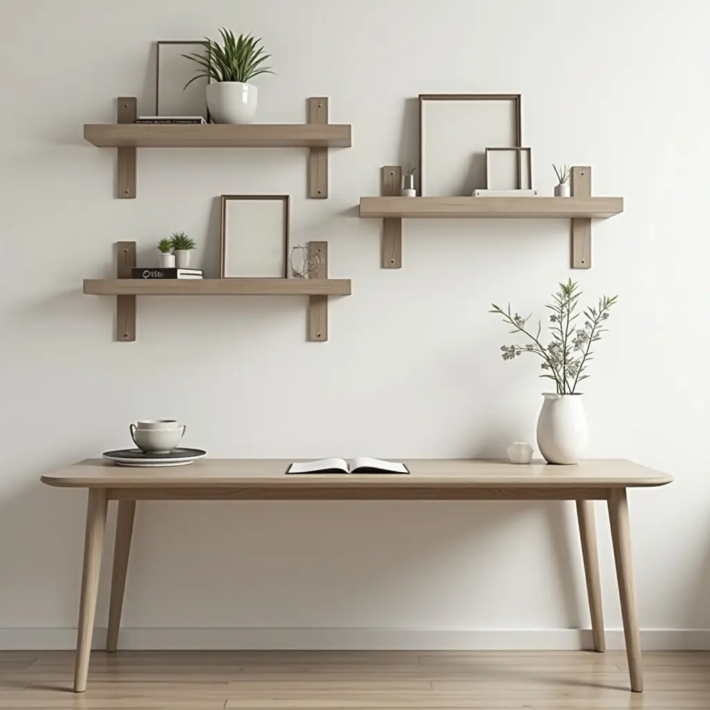 a photo of a wall-mounted desk with decorative shelves