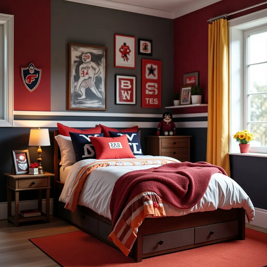 a photo of a sports-themed bedroom with team colors and memorabilia
