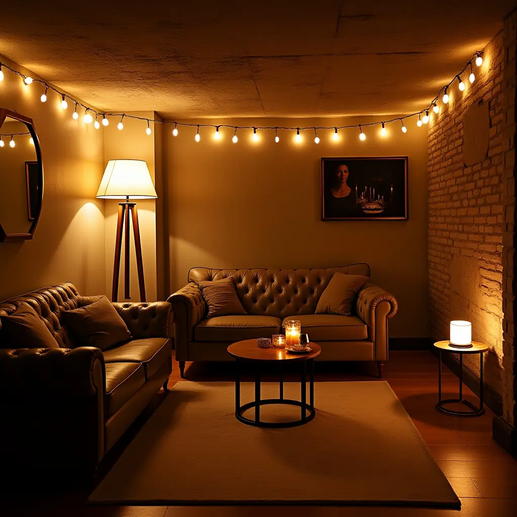 a photo of a chic basement lounge with floor lamps and fairy lights