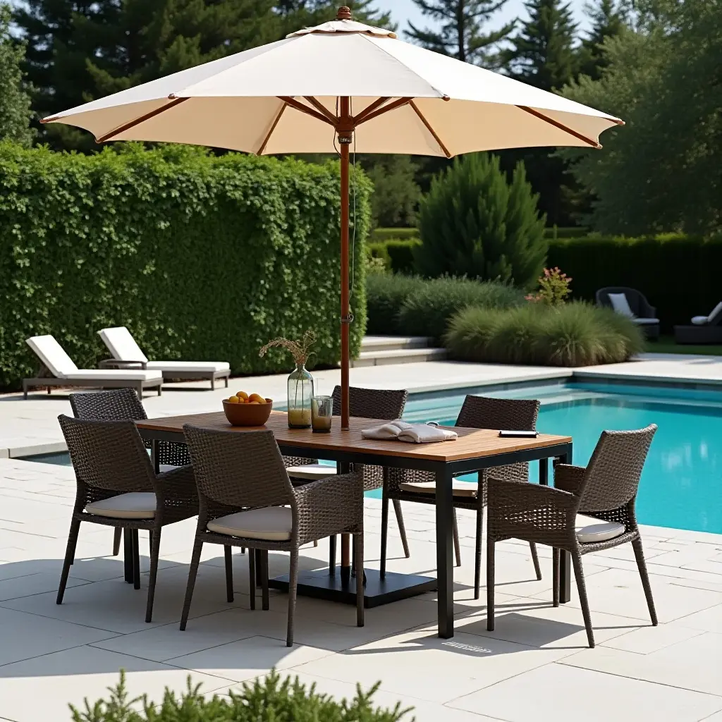 a photo of a stylish outdoor dining set near the pool