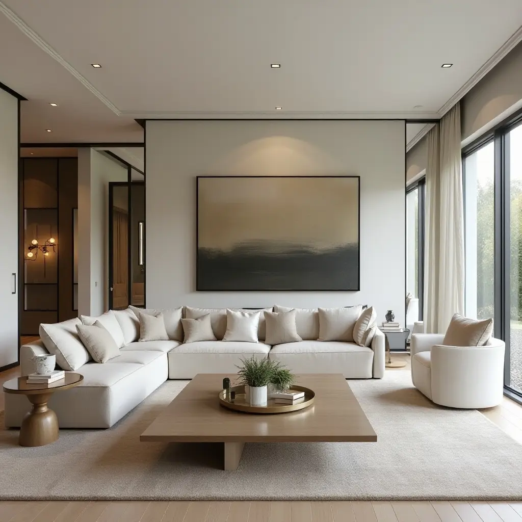 a photo of a spacious living room with mirrors that create an illusion of depth