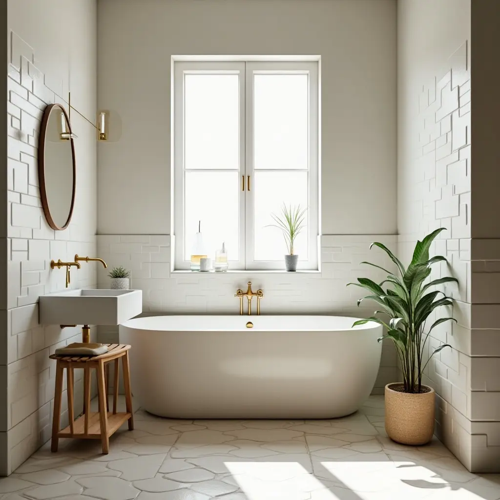 a photo of a cozy bathroom with a wooden plant stand