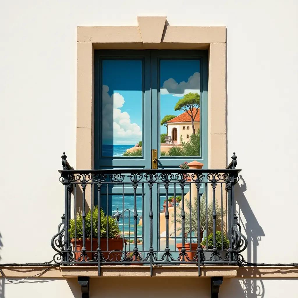 a photo of a balcony with an artistic mural depicting Mediterranean landscapes