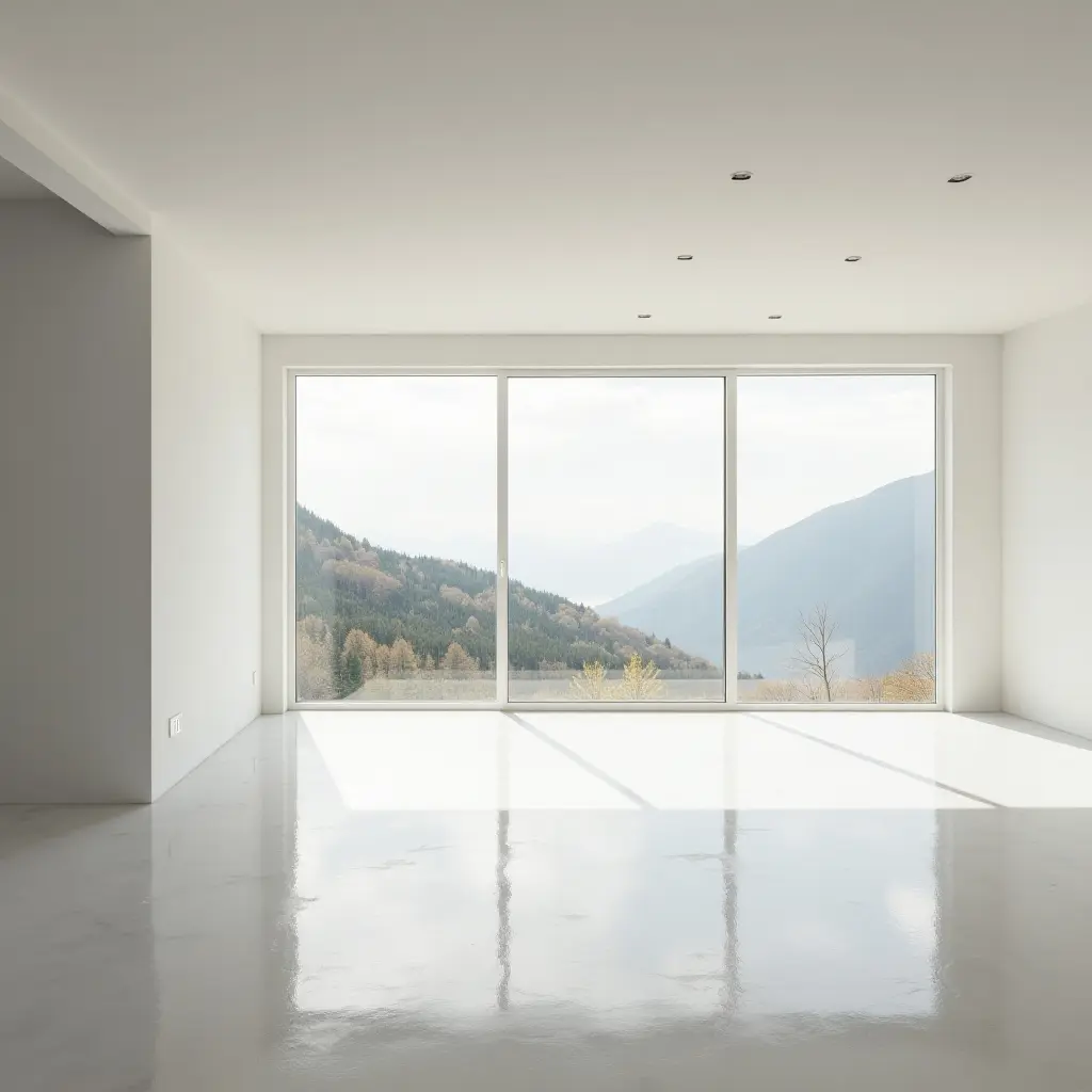 a photo of a bright minimalist basement with large windows