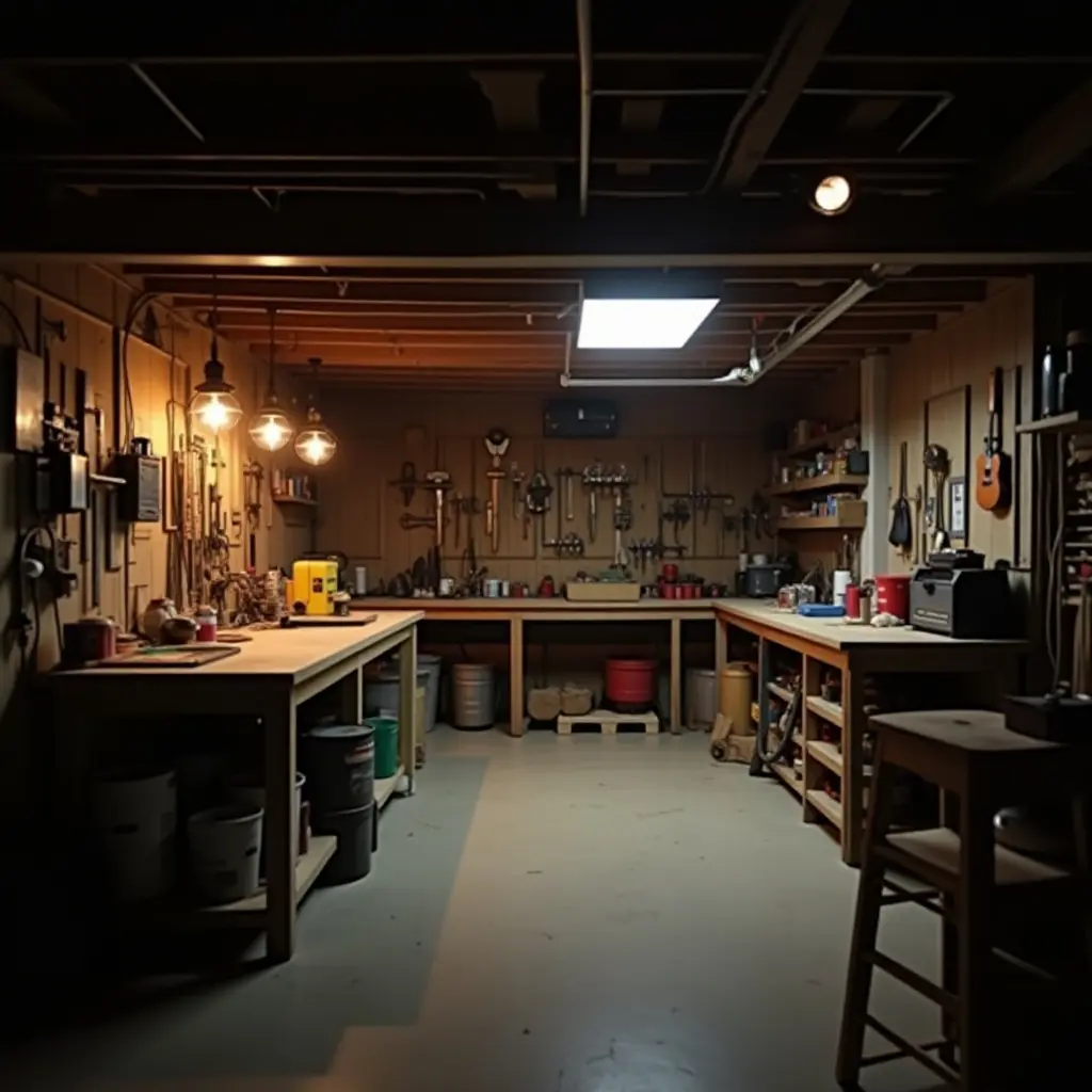 a photo of a basement workshop with bright overhead lights and tool illumination