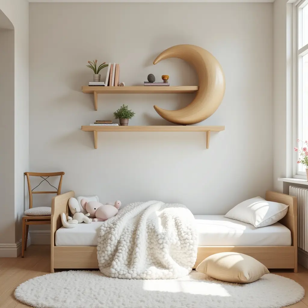 a photo of a whimsical kids' bedroom featuring a wooden moon shelf