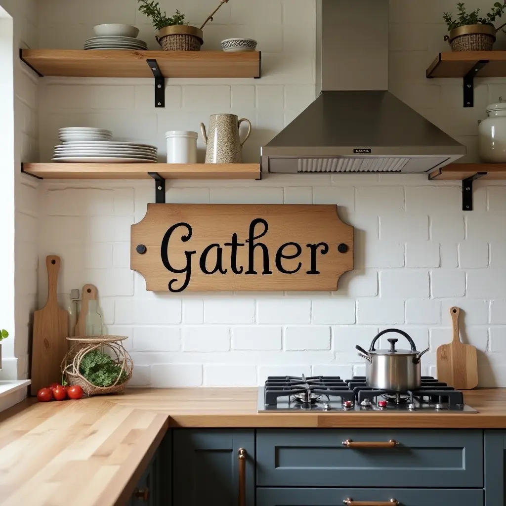 a photo of a kitchen with a rustic wooden sign saying 'Gather'