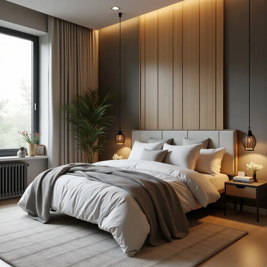 a photo of a chic teen bedroom design with fabric, wood, and metal textures
