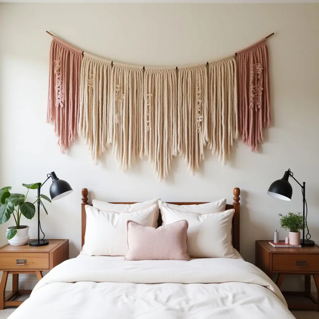 a photo of a wall decorated with fabric wall hangings for a bohemian vibe in a teen's bedroom