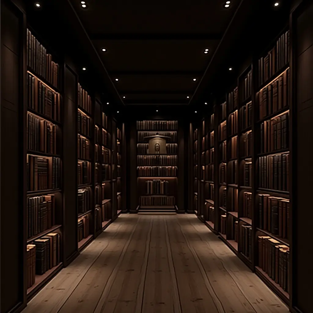 a photo of a sophisticated library with dark wood shelves and elegant lighting