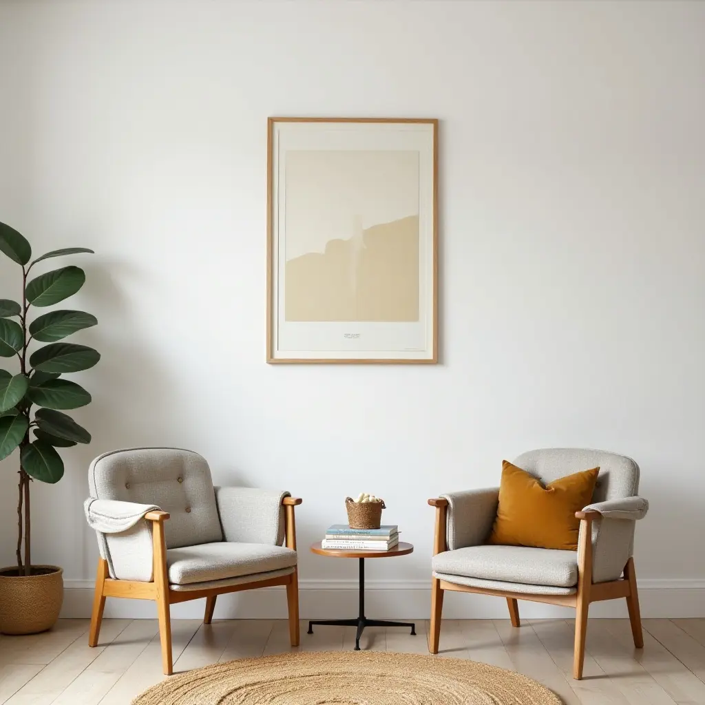 a photo of a stylish children's room featuring vintage chairs and contemporary art pieces