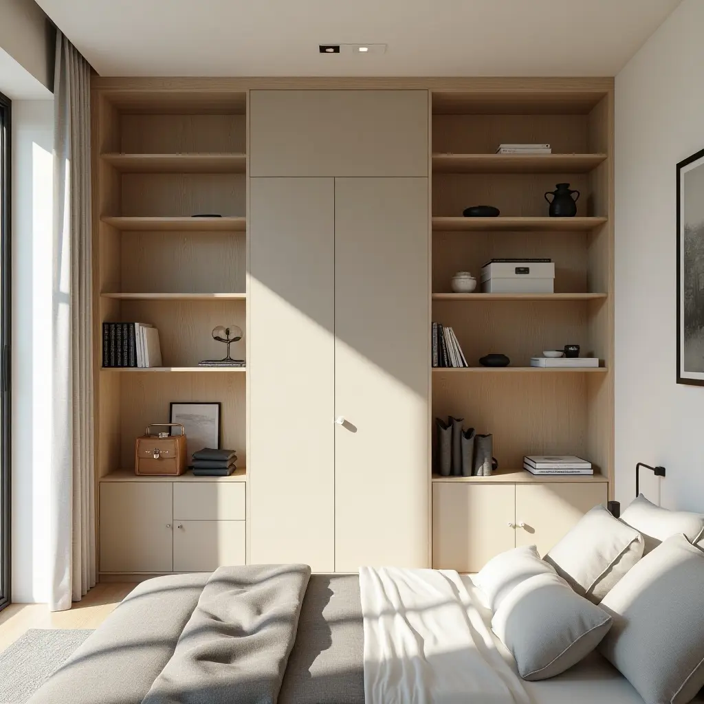 a photo of a bright and airy bedroom shelving with open storage solutions