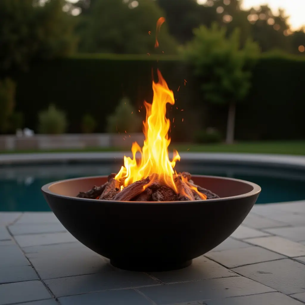 a photo of a modern outdoor fire bowl creating a cozy ambiance