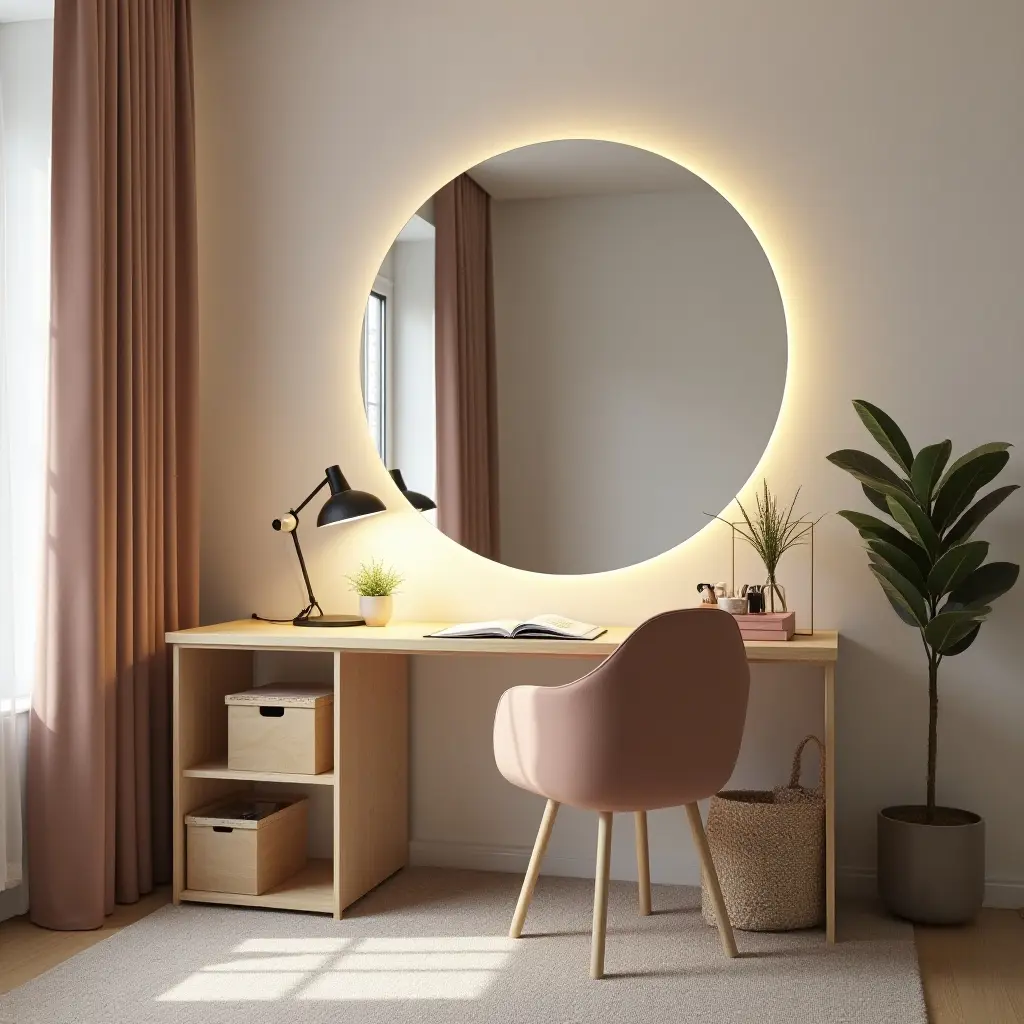 a photo of a teen's study area with a large mirror enhancing brightness