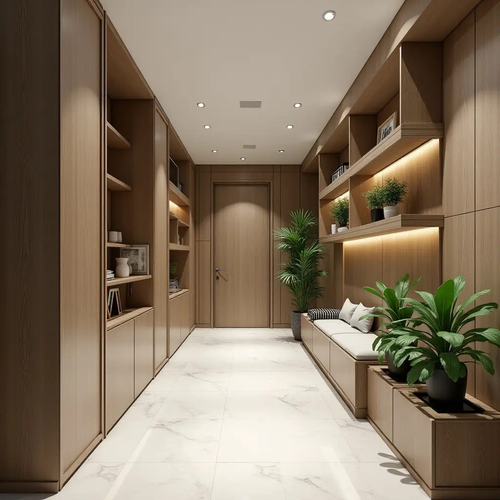 a photo of a stylish corridor with built-in shelves and plants