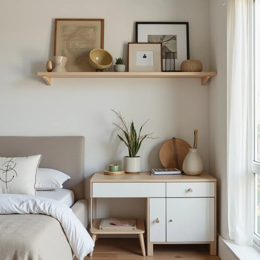 a photo of a bedroom shelf with a mix of vintage and modern decor items