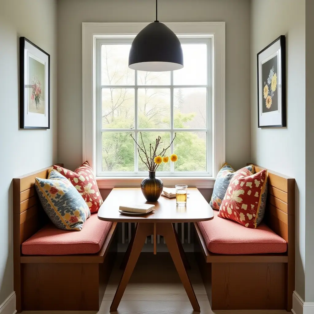 a photo of a cozy breakfast nook featuring a wooden bench and colorful cushions