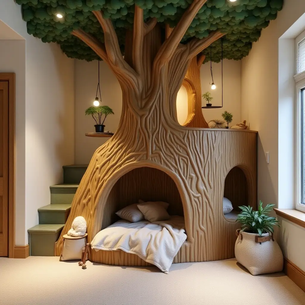 a photo of a basement with a whimsical treehouse play area for children