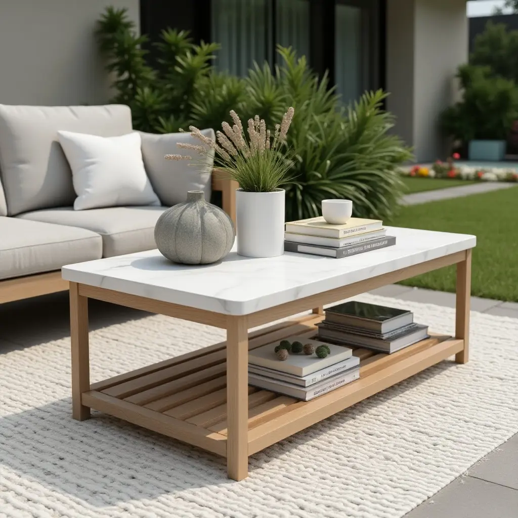 a photo of a contemporary outdoor coffee table with decorative items