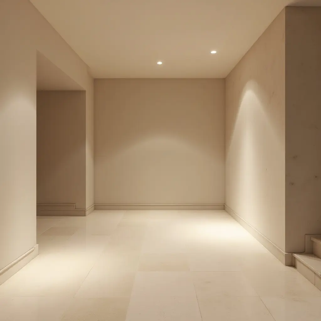 a photo of a minimalist basement with soft lighting and neutral colors