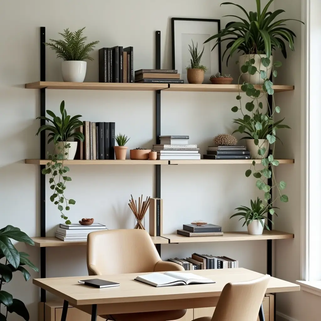 a photo of open shelves in a home office with books, plants, and stationery