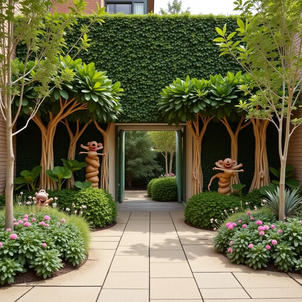 a photo of a playful garden wall with interactive elements in a children's entrance