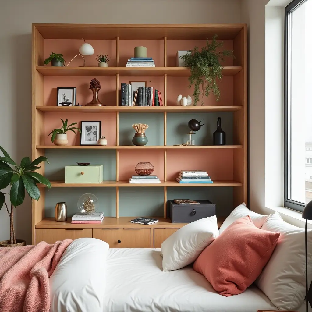 a photo of a vibrant bedroom shelf filled with collectibles and stylish organizers