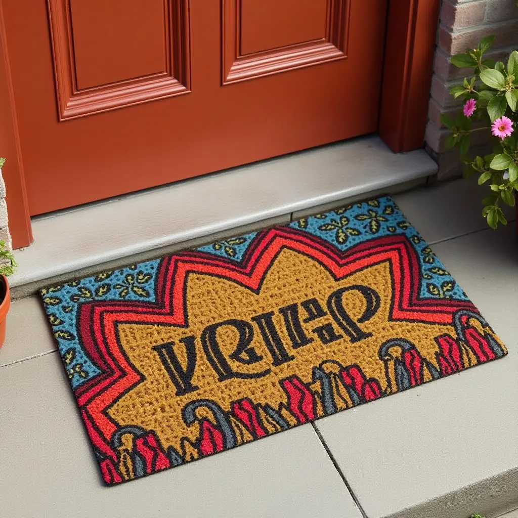 a photo of a colorful door mat with fun designs