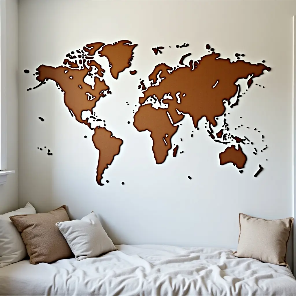 a photo of a DIY corkboard map showcasing travel memories in a teen's room