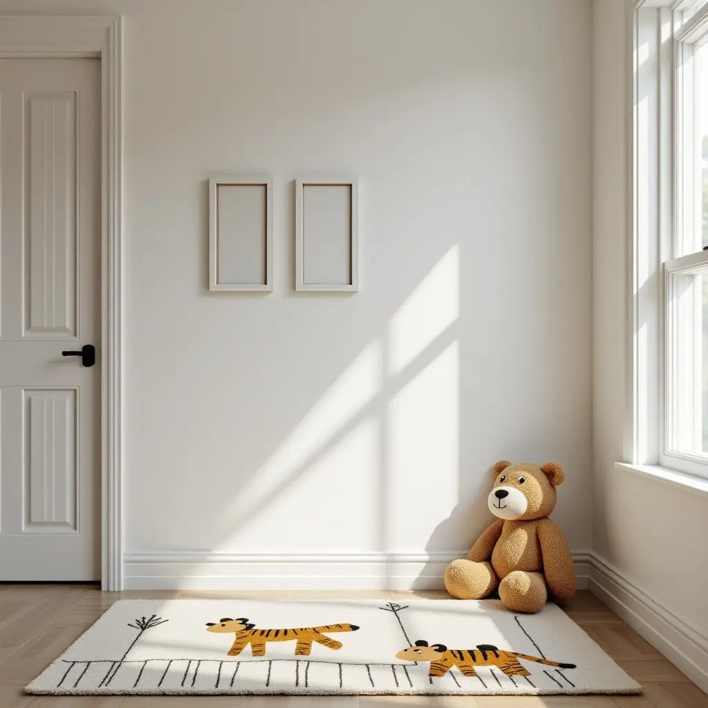 a photo of a playful animal print rug in a children's corridor