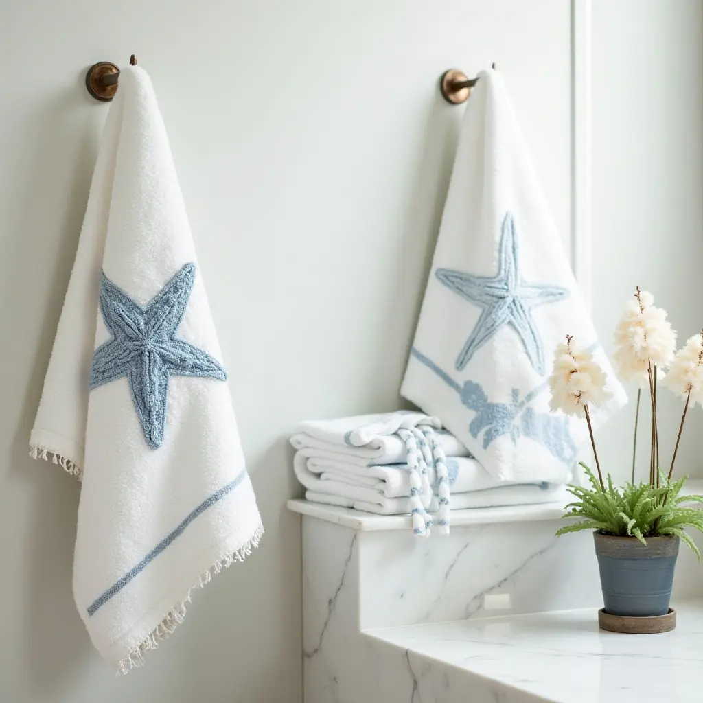 a photo of beach-themed towels complementing a coastal bathroom