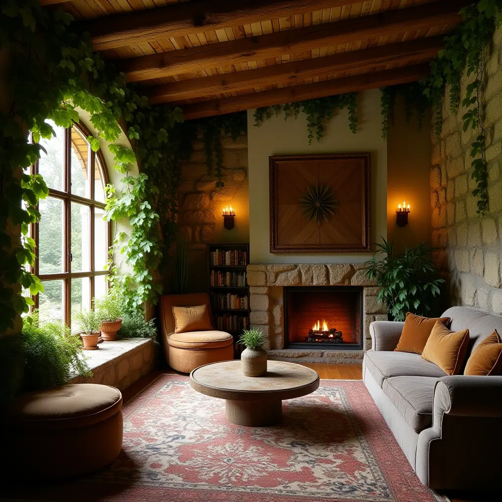 a photo of a cozy reading space with trailing vines