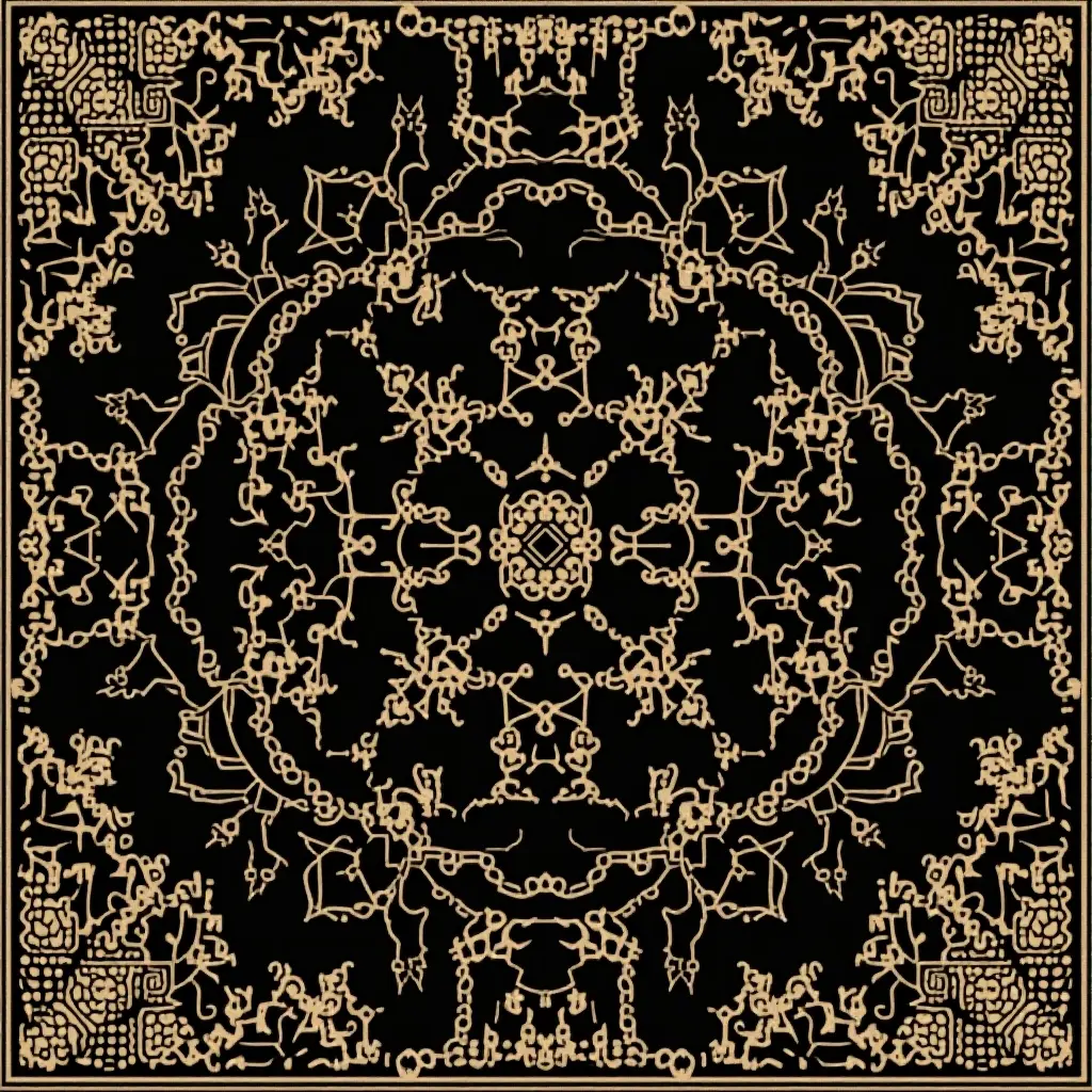 a photo of a stylish black and gold patterned rug