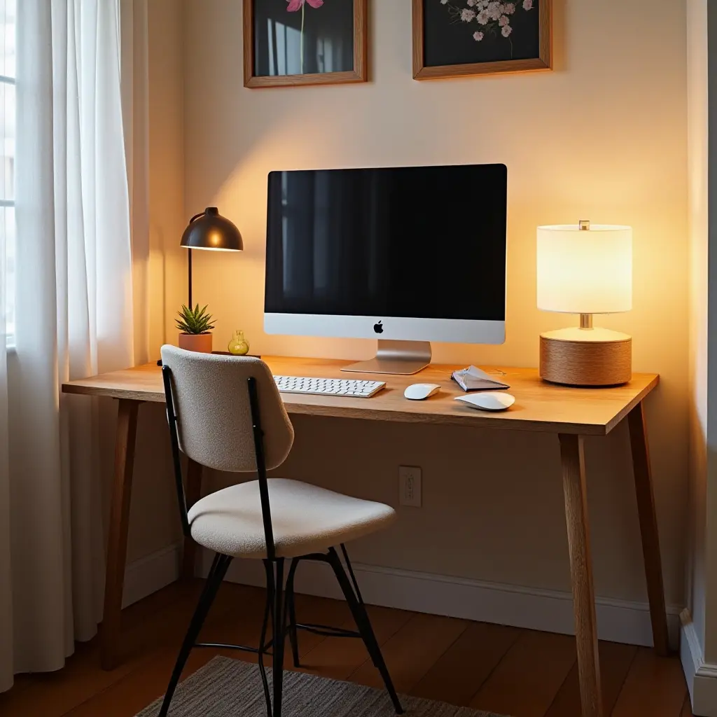 a photo of a wooden desk with a computer setup in a teen's room