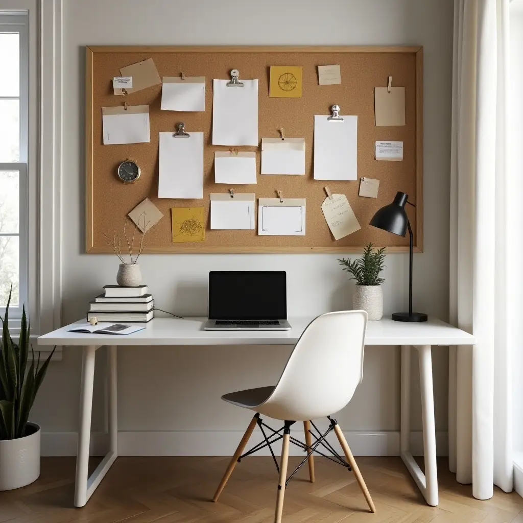 a photo of a study nook with a stylish corkboard for reminders